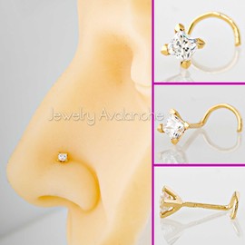 Jewelry Avalanche V-Prong Set Princess Cut Moissanite 14K Gold Nose Screw Stud - Unisex 22G Cork-screw Nose Ring Stud - April Birthstone, Metal, moissanite