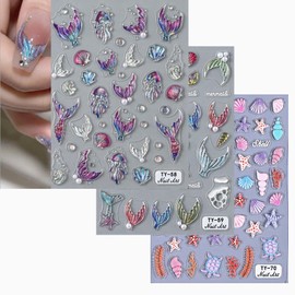 3 Sheets 5D Embossed Ocean Nail Stickers Aurora Mermaid Nail Decals Laser Pearl Fish Tail Nail Designs Pink Purple Shell Self-Adhesive Colorful Fish Tail Nails Supplies for Women DIY Manicure