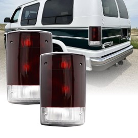 92-14 Econoline Van Tail Light – Replacement Tail Lamps Set (Left + Right) Compatible with 1992-2014 Ford Econoline Van E-150 / E-250 / E-350 & 2000-2005 Ford Excursion (Dark Cherry Red Lens)