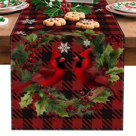 Christmas Linen Table Runner Cardinal Bird Christmas Runner for Table with Holly Leaves Red Berries Checkered Designs Xmas Kitchen Dining Runners Winter Holiday Decoration for Home Party 13x72 Inch