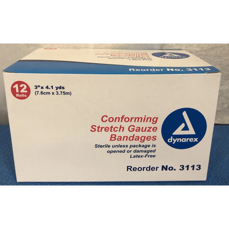 Dynarex 3113 Conforming Stretch Gauze Bandages, Box of 12 rolls