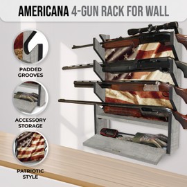 Rush Creek Creations, Patriotic Gun Rack for Wall, Storage for 4 Guns, Rifles or Shotguns, American Flag Gun Rack Display, Wall Mount, Additional Storage for Gun Accessories