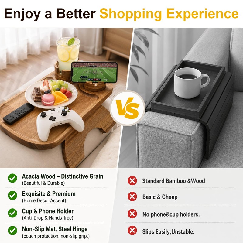 Couch Armrest Table,3-in-1 Clip On Acacia Wood Sofa Armrest Tray