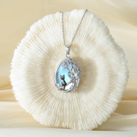 POPLYKE Black Cat Necklace Sterling Silver Moonstone Teardrop Pendant Necklace Tree of Life Jewelry Gifts for Women (black cat)