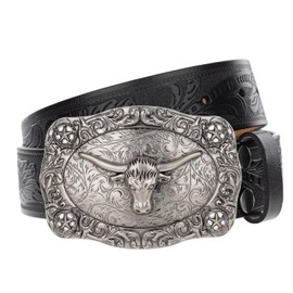 Evbopa Men's Western Cowboy Belt Mens Engraved Buckle Leather Belts for Jeans, Antique Silver Buckle/Black Belt, 36"-39"