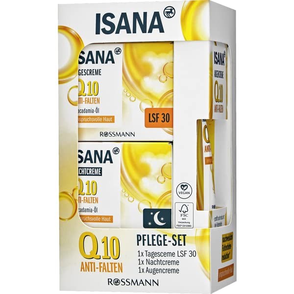 ISANA Q10 Anti-Wrinkle Care Set 1 Set Consisting of Anti-Wrinkle Day Cream 50 ml, Anti-Wrinkle Night Cream 50 ml & Anti-Wrinkle Eye Cream 15 ml, Vegan