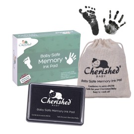 Cherished Baby – Black Ink Handprint/Footprint Ink Pad Kit – 100% Baby Safe (Complies with ASTM-D4236) Comes with Lifetime Inkpad Guarantee + Organic Drawstring Bag & Retail Gift Box