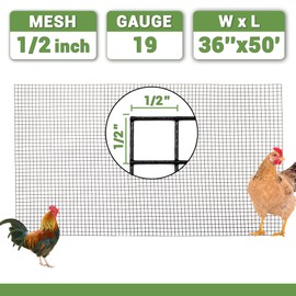 36'' x 100' 1/2inch Hardware Cloth 19 Gauge Black PVC Coated Wire Fencing Galvanized Welding Garden Fence Roll Square Mesh 19 Gauge Chicken Rabbit Snake Cage Heavy Duty Welding Fencing