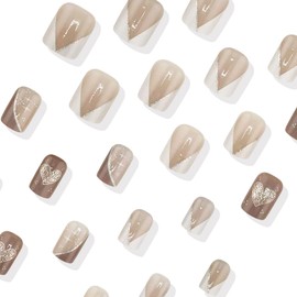 24Pcs Square Press on Nails Valentine's Day Fake Nails Short Glue on Nails with White V-shaped French Glitter Heart Design Cute Romantic Heart False Nails Pink Valentine's Stick on Nails for Women