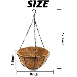 TIHOOD 2 Pack 8 inch Metal Hanging Baskets for Plants Outdoor, Wire Round Planters with Coco Coir Liner, Hanging Flower Baskets for Home Garden Porch Balcony Railings Decor