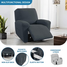 2025 Recliner Chair Covers (24"-37") New 3-Piece, Stretch Recliner Cover with Elastic Bottom & Ties Stay in Place, Lazy Boy Reclining Rocker Slipcover for Living Room Soft Cozy Washable (Dark Grey)