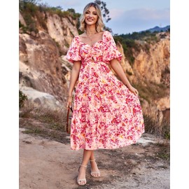 BTFBM Women Summer Dresses 2025 Casual Flowy Beach Square Neck Puff Short Sleeve Smocked Back Boho Floral Long Maxi Dress(Floral Pink Red, Small)