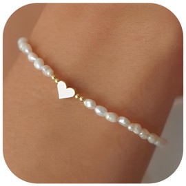 ZEPIQOR Women's Bracelet, Pearl Bracelet Women, Pearl Bracelets with Heart Pendant, Gold-Plated Cuban Link, Elegant Everyday Jewellery as a Creative Gift for Women