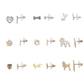 Lux Accessories Set of 9 Pairs Heart Puppy Paw Assorted Dogs Bone Silver Gold Stud Earrings