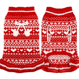 ABRRLO Dog Jumper Dress with Lead Hole for Small Medium Dogs with Bow Tie Buffalo Check Red Turtleneck Polyester Pet Puppy Cats Jumper Knitwear Red, M