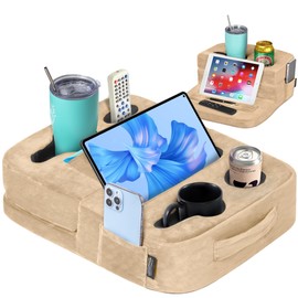 TabCouchCaddy - Couch Cup Holder Tray Pillow - Bed, Couch Caddy, Sofa, RV & Car - Holds Drinks, Snacks, Remotes, Phones, Kindle, Tablet | Bed Cup Holder (Beige)