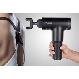 Vivitar Vivaspa Handheld Cordless & Rechargeable Massage Gun with LCD Display for Athletes, Percussive Deep Tissue Percussion Massager with 4 Interchangeable Heads and 6 Speed Modes, Black