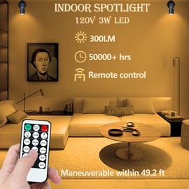 HEQIA LED Spotlights Indoor, 3W Uplighting Indoor with Remote Control Dimmable & Timer, 3 Colors Adjustable Floor Spot Lights for Pictures Plants Artwork, Indoor Accent Ligh with 5.9 FT Plug Cord