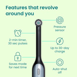 Quip Rev 360 Oscillating Rechargeable Electric Toothbrush with Extra Brush Head - Soft Bristles, Pressure Sensor, 3 Intensities, 30-Day Battery, 2-Min Timer, Travel Case, Mirror Mount - Blue Stone