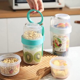 Paquete de 2 recipientes de avena durante la noche, tarros de avena de 2 niveles con tapa y cuchara, tazas de desayuno sobre la marcha, tarro portátil de avena de yogur y cereales a prueba de fugas y