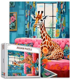 Tucocoo 1000 Piece Jigsaw Puzzles for Adults Cute Giraffe Painting Jigsaw Puzzle Animal Sitting on Sofa 1000 Pieces Puzzles for Challenging Family Activity Game Retro Style Art DIY Puzzle Wall Decor