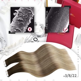 Moresoo Tape-In Extensions, Real Hair, Ombre, Human Hair Remy Invisible Tape Extensions, Brown to Light Brown with Golden Blonde, Skin Weft Real Hair Tapes Extensions, 20 Wefts, 50 g, 35 cm