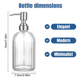 1PCS Glass Soap Dispenser with 304 Rust Proof Stainless Steel Pump, Clear Refillable Soap Dispenser for Bathroom Hand Soap, Lotion & Kitchen Dish Soap