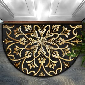 Half Round Door Mat Golden Mandala Ethnic Non Slip Absorbent Semi Circle Area Rugs Washable Half Moon Floor Mats for Indoor Outdoor Patio Kitchen Bathroom Entryway Fireplace Home Carpet Decor