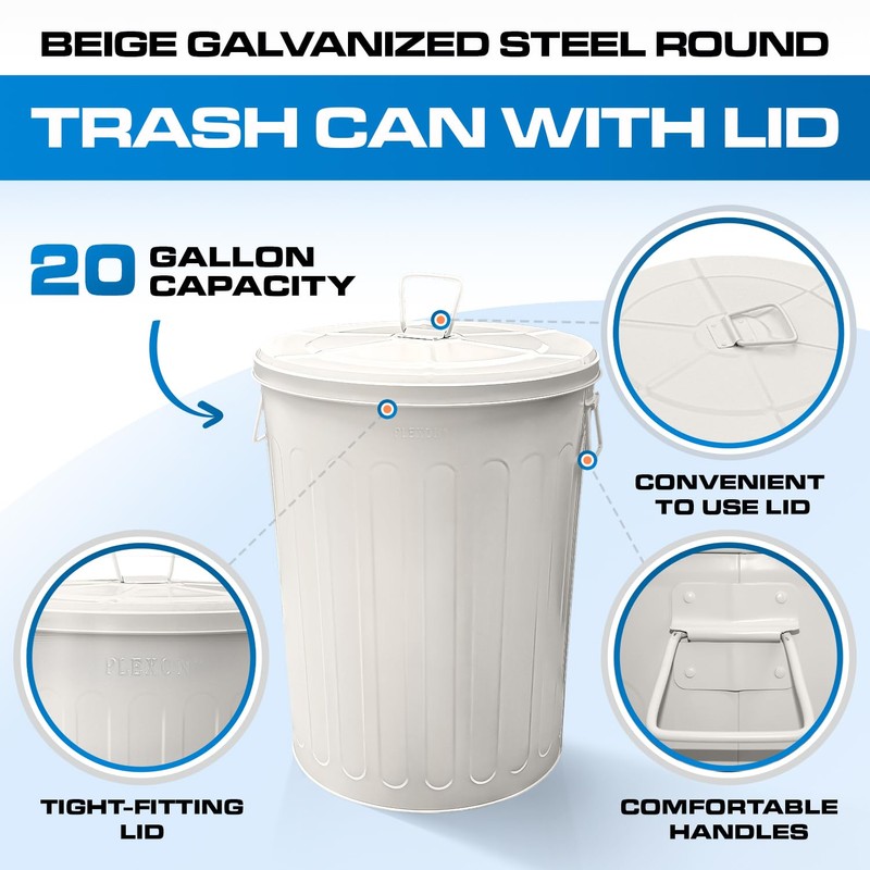 Plexon Galvanized Steel Round Trash Can with Lid Powder Coated