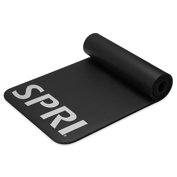 SPRI 12mm Pro Fitness Matt - Thick Exercise Mat for Floor Workouts, Sit-Ups, Push-Ups, Stretching, Toning, and General Fitness - Non-Slip Texture, Cushioned, Portable Rolling Mat with Carrying Strap Black