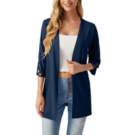 IWOLLENCE Ladies Summer Cardigan Open Front 3/4 Sleeve with Criss-Cross Detail Lightweight Wrinkle-Free Womens Beach Cover Up Navy Blue