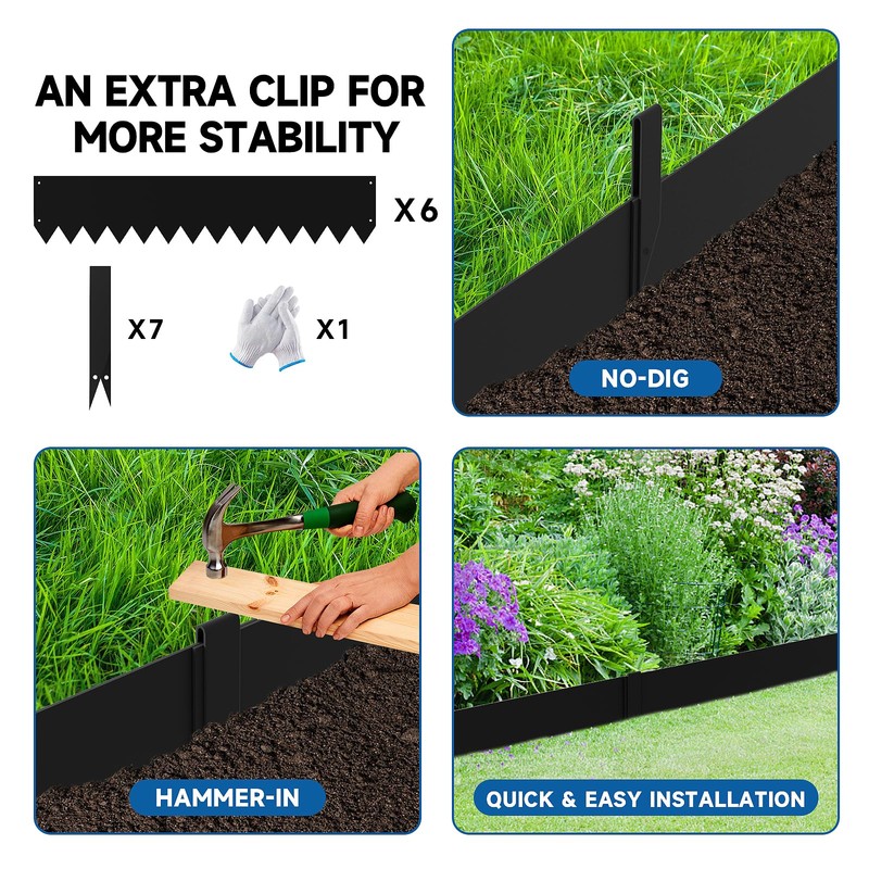 19.7Ft.Galvanized Steel Landscape Edging(6-Pack)-6"x39.4" Metal Garden Edging,7 Clips&Gloves,Hammer-in,No Dig,Rustproof,for Landscaping,Tree