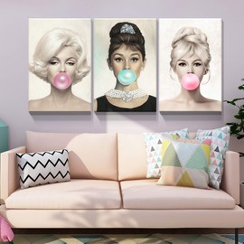 Denozer 3 Panel Beauty Portrait Canvas Wall Art, Audrey Hepburn and Brigitte Bardot with Colorful Bubble Gum Picture Prints Wall Decor, Idol Art Deco for Living Room - 24"x36"x3 Panels