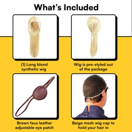 Dragon Rider Costume Set – Pre-Styled Long Blond Wig, Brown House Leather Eyepatch, and Beige Netted Wig Cap to Match Blonde Hair – One Size Fits All