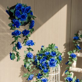 OWPFJG 2 Pack (16FT) Artificial Rose Vine Fake Flowers Garland Hanging Silk Rose Ivy Plants Vine for Father's Day,Wedding Arch Party Garden Home Aesthetic Art Décor (Royal Blue)