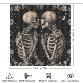 TOWINSFB 4Pcs Gothic Skeleton Love Shower Curtain, Night Star Floral Skull Shower Curtain Sets with Toilet Lid Cover, U-Shaped Mat and Non-Slip Rugs, Bathroom Decor Set, 72" x 72"