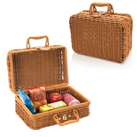 Covzoe Small Wicker Picnic Basket, Vintage Rattan Suitcase with Handle, 10.5" Rustic Storage Hamper Prop Case with Leather Strap Lock, Plastic Storage Box Makeup Organizer for Sundries Camping Travel