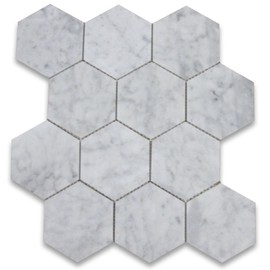 Stone Center Online Carrara White Marble 4 inch Hexagon Mosaic Tile Polished Kitchen Bath Wall Floor Backsplash Shower (1 Sheet)