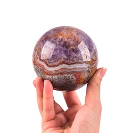 JIC Gem Natural Amethyst Agate Crystal Sphere with Wooden Stand Amethyst Decorative Crystal Gemstone Sphere for Meditation Feng Shui Witch-Style Decor Table 70-80mm