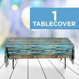 Havercamp Fishing Table Cover! (54"x108") Rectangular Heavy Plastic Cover. Beautiful lakewater Background with Antique Lures. Gone Fishin' Collection