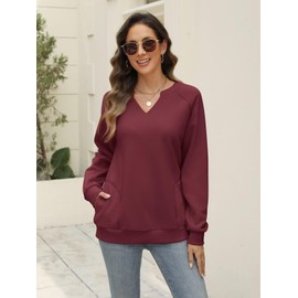 EADINVE Womens Casual Sweatshirts Long Sleeve V Neck Fleece Pullover Side With Pocket Cute Loose Fit Fall Tops 2025 Wine