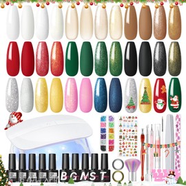 COSCELIA 33Pc Gel Nail Polish Kit with U V Light, Sparkle Green Golden Silver Glitter Gel Nail Kit All in One with Base Top Matte Coat Nail Art Sticker Manicure Tools for Christmas