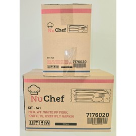 NuChef Disposable Utensil Kit, Medium Weight White Fork, Knife, Spoon and Napkin Set, 250 Pieces, 12x13 inch