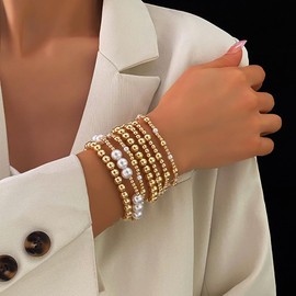 ALRNBY Bead Bracelets Set for Women Dainty 5PCS Statement Beaded Bracelet Sets Adjuestable Gold/Silver Beaded Bracelet Stack Trendy Stretch Stackable Bracelets Jewelry Gift (Gold & Pearl)