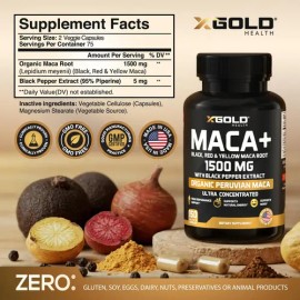 Organic Maca Root Powder Capsules Black, Yellow, Red -1000mg