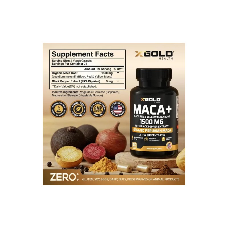 Organic Maca Root Powder Capsules Black, Yellow, Red -1000mg
