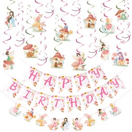 EASY JOY 27PCS Fairy Flag Banners Spirals Mushrooms Decorations Set for Girls Pink Fairy Themed Party Decorations Colorful Animal Elf Streamers Baby Shower Decorations