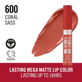 Rimmel London Lasting Mega Matte Liquid Lipstick, Long-Lasting, Hydrating, Vegan Formula - 600 - Coral Sass, 0.25oz