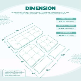 PITCTCHIC Wicker Chair Cushions of 5 Pieces, Waterproof Outdoor Loveseat Cushion for Wicker Furniture, 1 Love Seat Cushion, 2 U-Shape and 2 Lumbar Pillows for Patio Furniture (Cyan Flower)