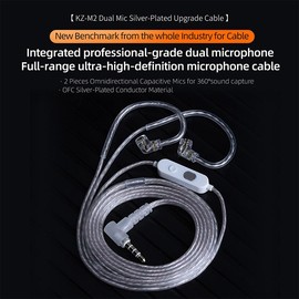 Bawjog KZ-M2 Dual Mic Silver-Plated Upgrade Cable with Professional-Grade Dual Microphone Array for Full-Frequency Ultra-HD Voice, Compatible with KZ C Pin Series in-Ear Headphones (3.5mm)